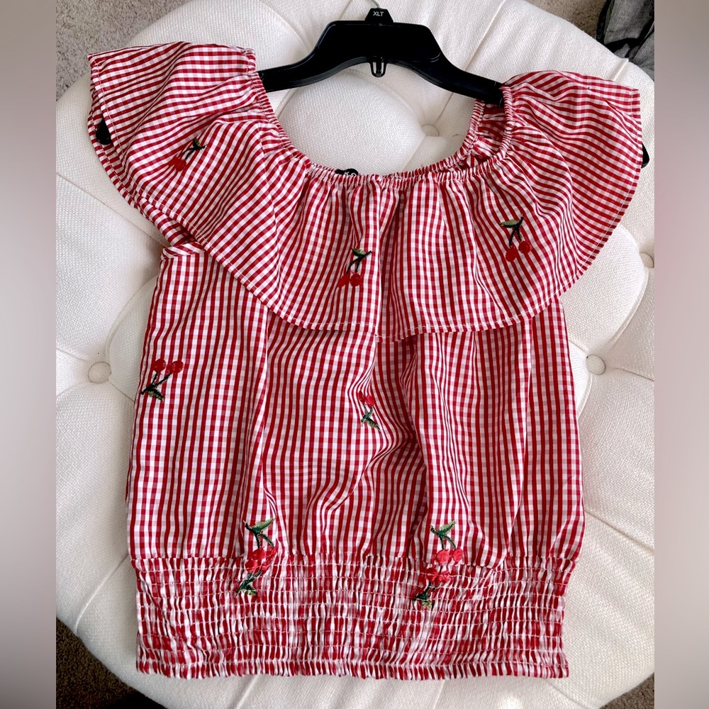 NWOT KONTROL Red cherry checkered ruffled plaid blouse | Bomb shoulder